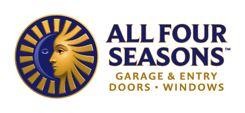 Logo for All Four Seasons Garage & Entry Doors Windows, featuring a sun and moon face design.