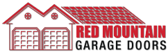Logo with the text 'Red Mountain Garage Doors' and an illustration of a house with garage doors above.