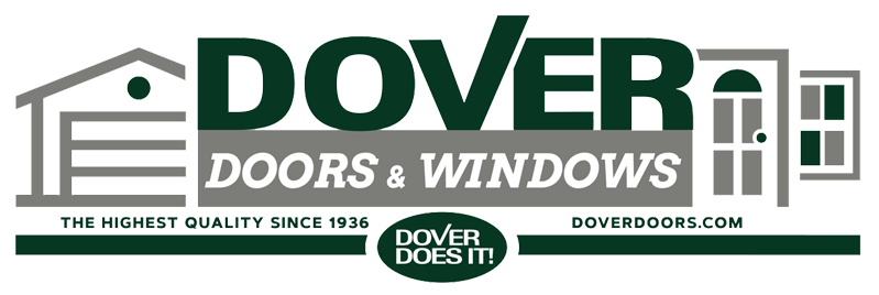 Logo for Dover Doors & Windows featuring stylized house and window graphics with the company name and slogan.