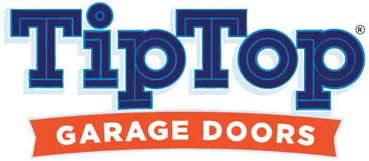 Tip Top Garage Doors logo with the text 'Tip Top' in large blue letters and 'Garage Doors' in white letters on a red banner.