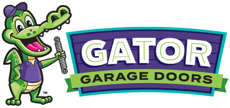 Cartoon crocodile character holding a wrench, next to a logo that says "GATOR GARAGE DOORS."
