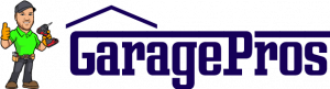 Garage Pros logo in purple and green text with a cartoon mechanic holding a wrench and a toolbox