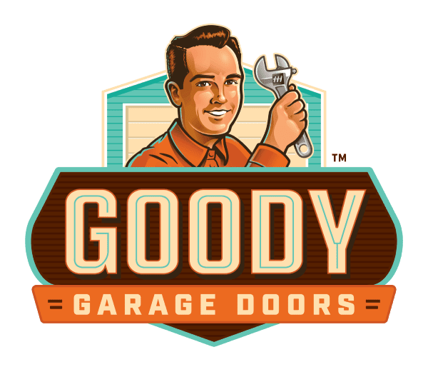 Logo of Goody Garage Doors featuring a smiling man holding a wrench in front of a garage door background.