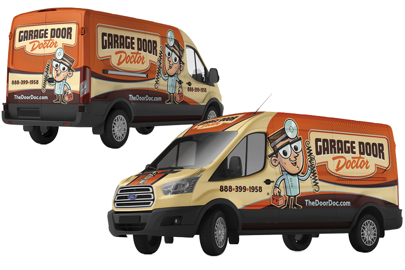 Two Ford cargo vans with custom graphics advertising Garage Door Doctor. The vans feature cartoon characters of a mechanic with large glasses and a stethoscope, holding a toolbox. The company's name and contact number are displayed.