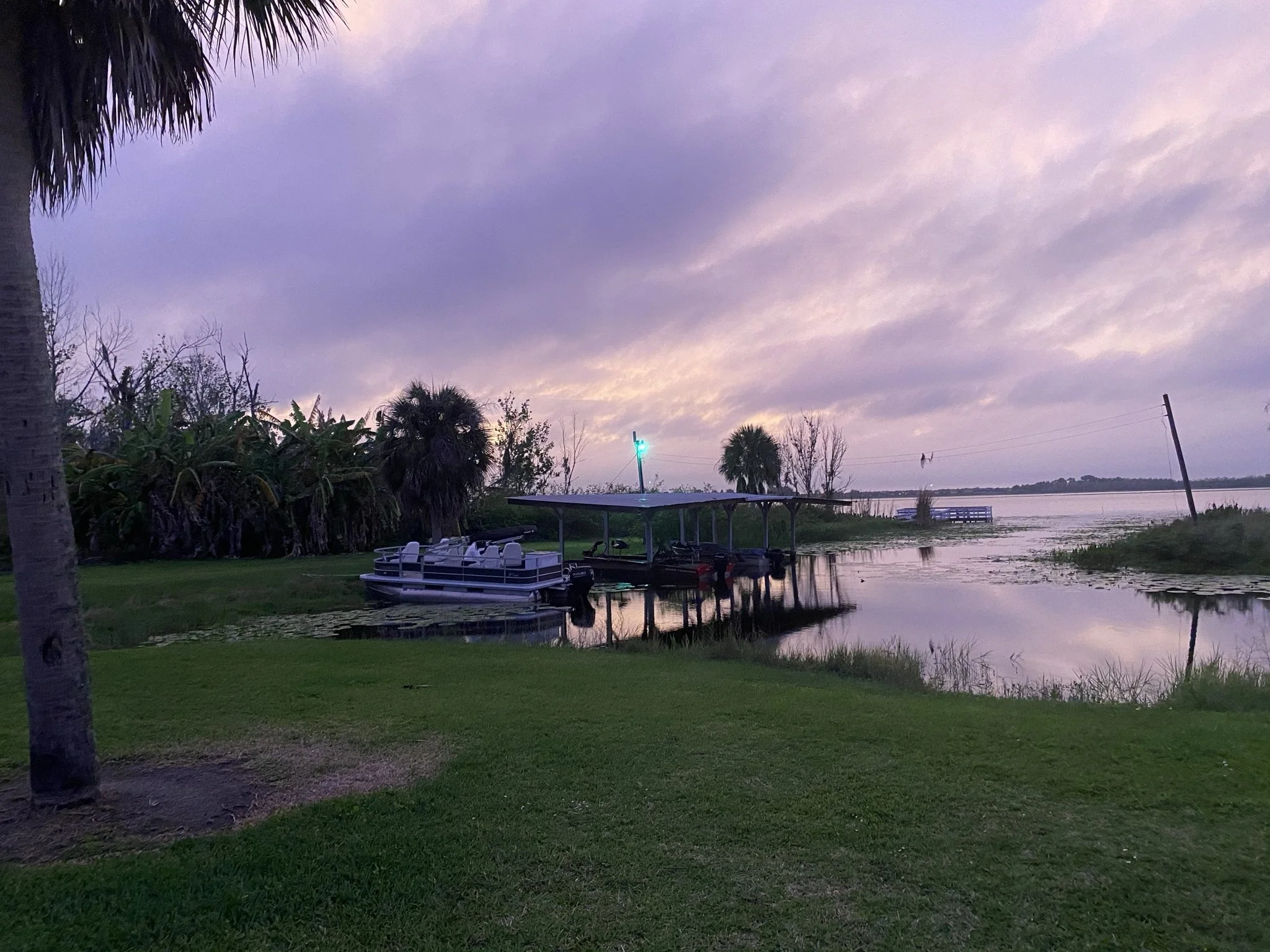 A tranquil scene of a lake at sunset with boats docked near the shore, surrounded by lush green grass, palm trees, and a partly cloudy sky with pink and purple hues.