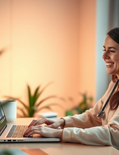 Smiling female medical professional using a laptop in a well-lit office.
