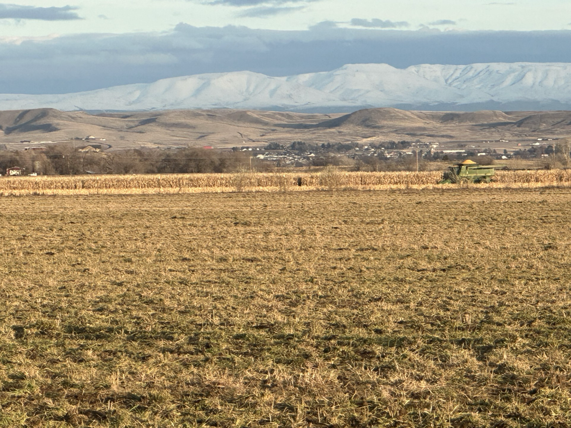 A vast field with dried crops, a green tractor on the right, and a small town in the distance with snow-capped mountains in the background.