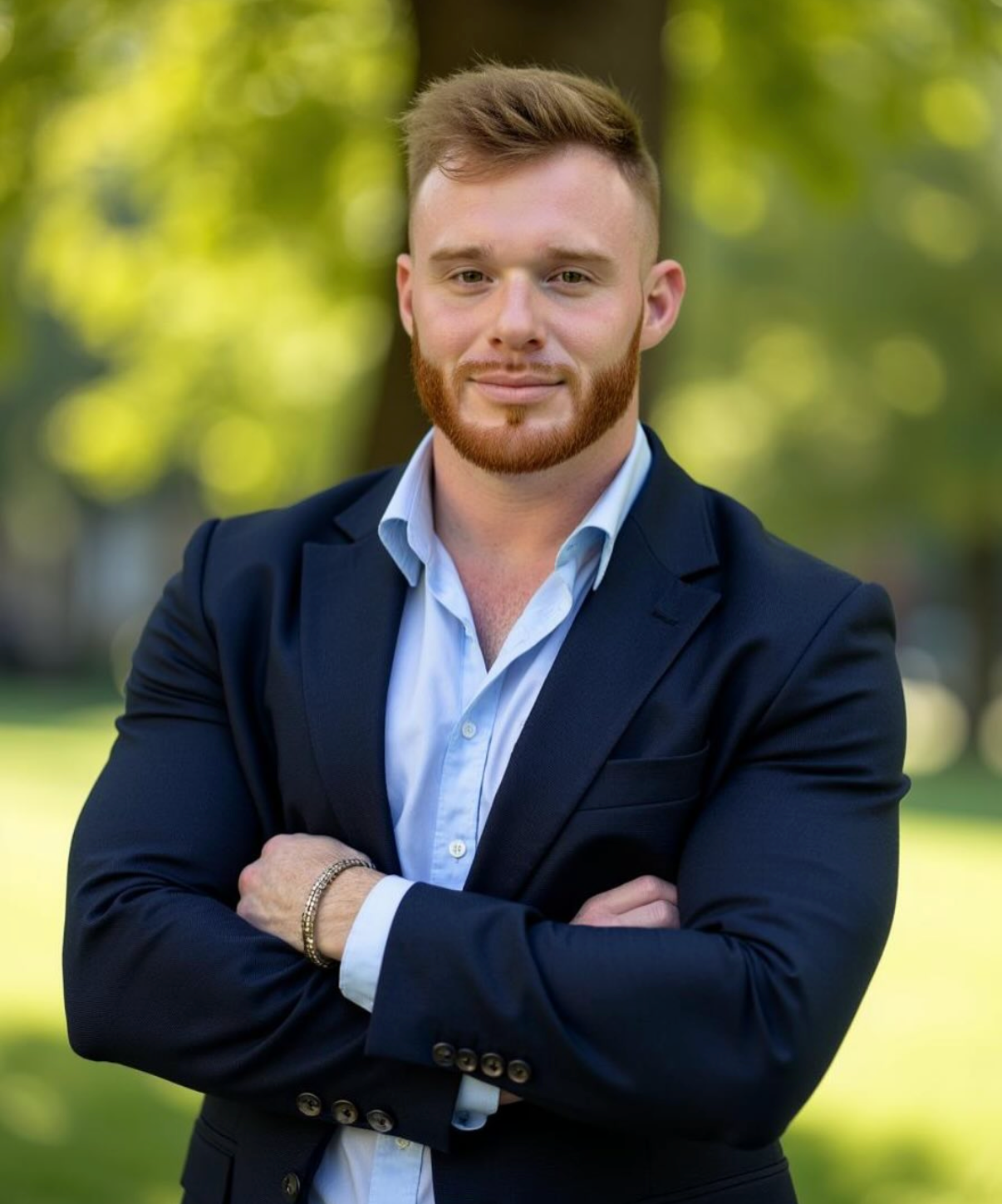 A young man with red hair and a beard standing outdoors in a suit with arms crossed in front of a blurred background of trees and greenery.