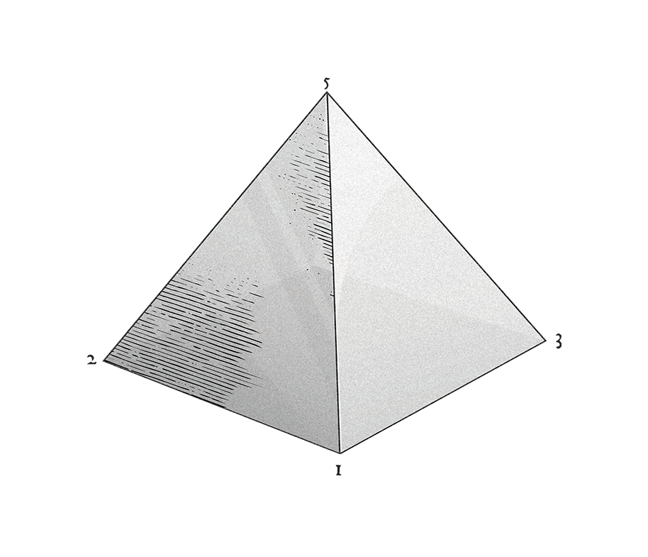 A 3D projection ruler with measurements on four triangular sides, each marked with inches, used for geometric or technical drafting.