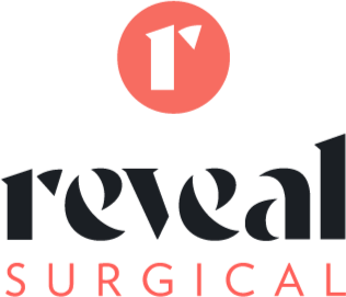 Revealed Surgical logo with a red circular icon containing a white upward arrow and the word 'reveal' beneath it. The word 'SURGICAL' is displayed below in red uppercase letters.