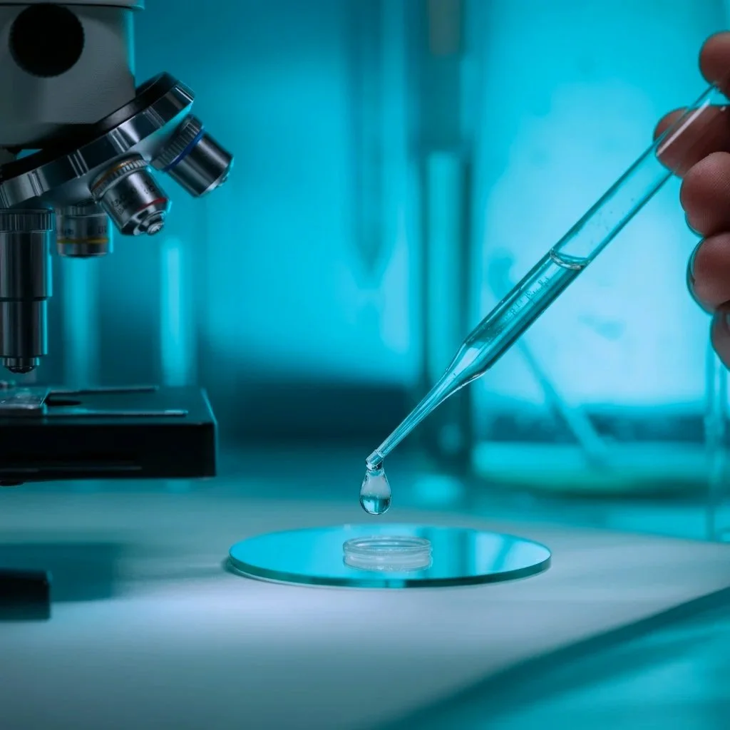 A scientist is using a dropper to transfer a liquid into a petri dish in a laboratory setting with a microscope in the background.