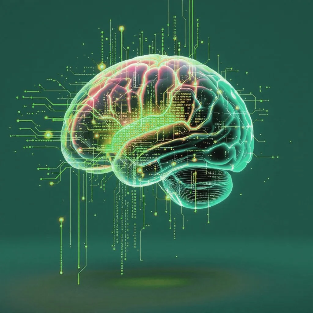Digital illustration of a human brain with glowing lines and circuits, representing artificial intelligence or neural networks, on a dark green background.