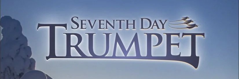 Logo for 'Seventh Day Trumpet' with a mountain background and three trumpets flying to the right.