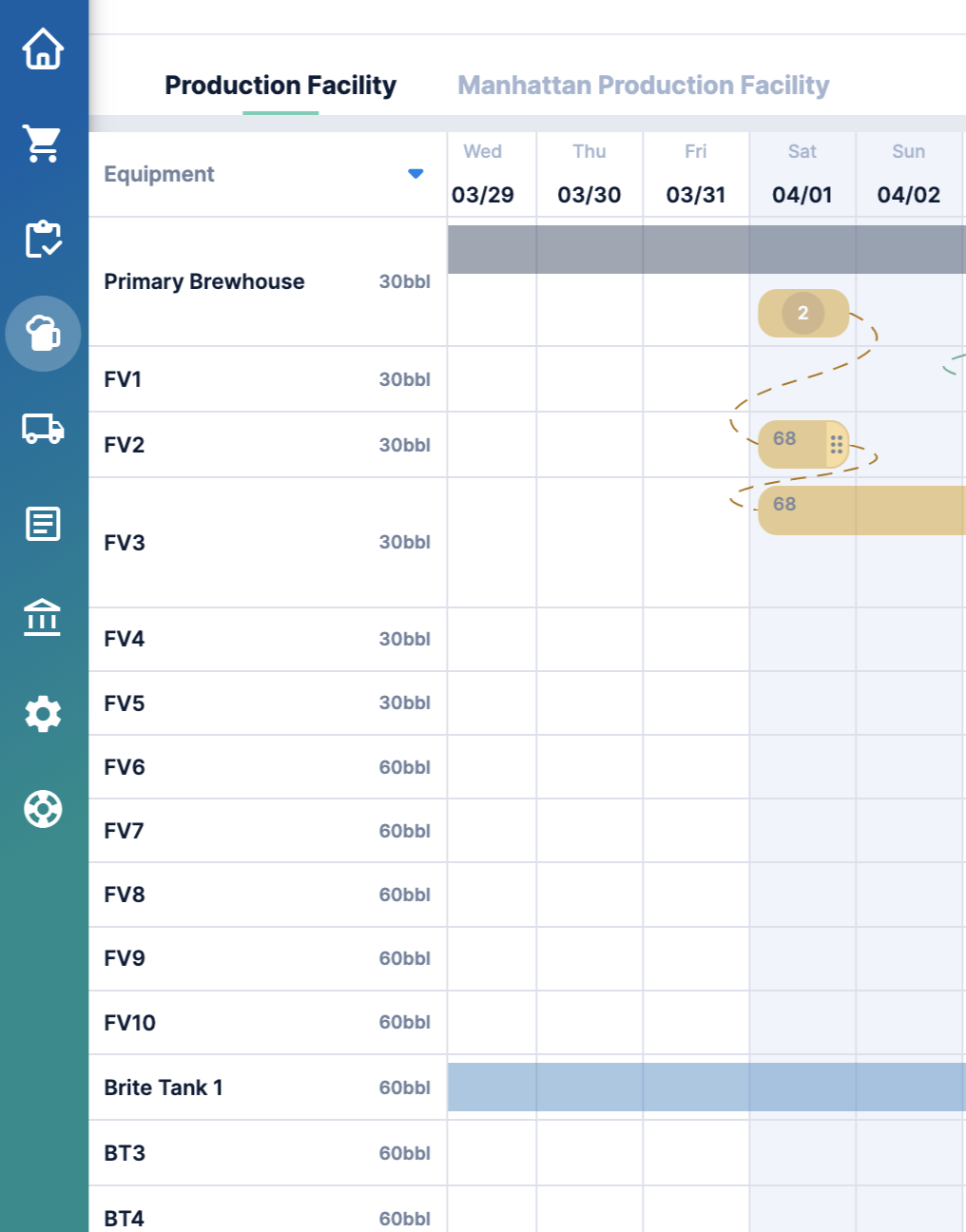 A digital schedule for a Manhattan production facility shows various equipment and fuel tanks with their respective capacities and operational status over specific dates, including data entries for primary brewhouse, FV1 to FV10, and several tanks.