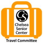 Logo for Chelsea Senior Center Travel Committee, featuring a black and white emblem with the initials 'CS' inside an orange bag outline
