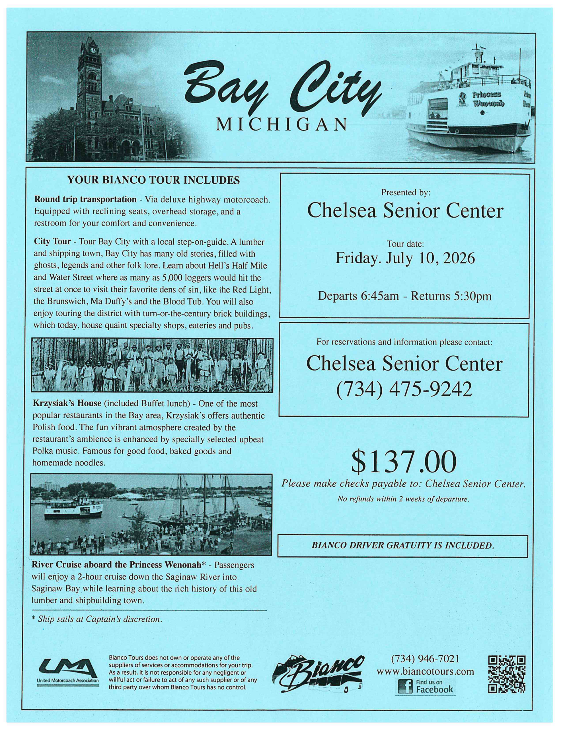 Chelsea Senior Center Bay City July 2026 Trip