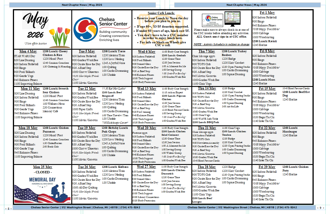 Chelsea Senior Center May 2026 Activity Calendar