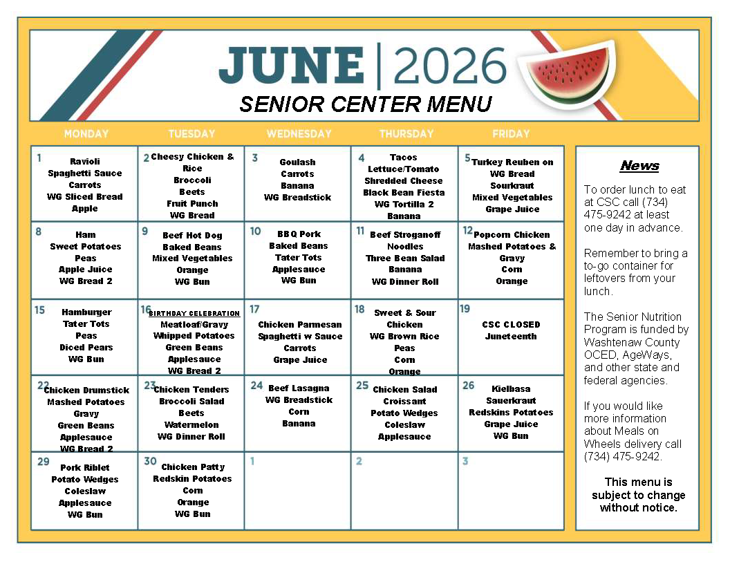 June 2026 senior center meal menu with dates and daily meal options, including main dishes, sides, and desserts, along with a watermelon image, and a news section providing meal ordering and contact information.