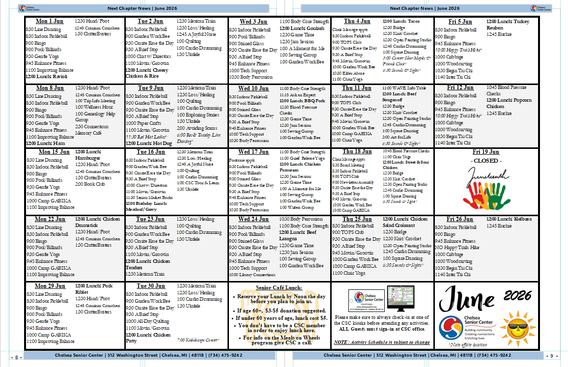 Monthly activity schedule for Chelsea Senior Center, June 2026, on two pages. It includes daily classes, events, lunch information, and special notes for seniors' activities such as exercise, bingo, crafts, and lunch options, with a colorful logo of handprints and a sun at the bottom.