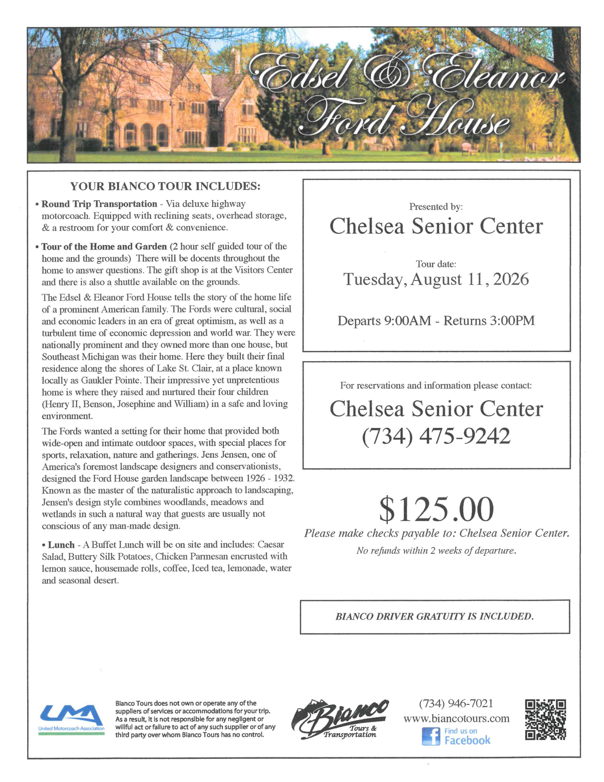 Chelsea Senior Center Ford House Garden Tour August 2026