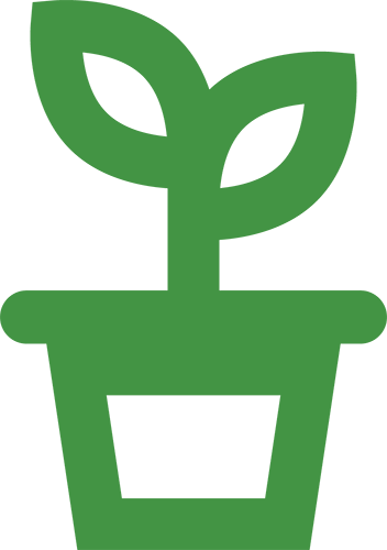 Green illustration of a sprouting plant in a pot.