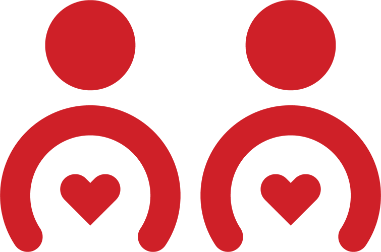 Red and black icons resembling two people with heart symbols inside their chests.