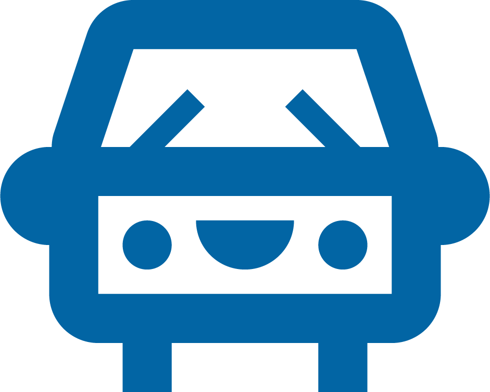 Stylized blue icon of a adorable car with a smiling face, smiling mouth, round headlights, and angled windshield, embracing a playful cartoonish appearance.