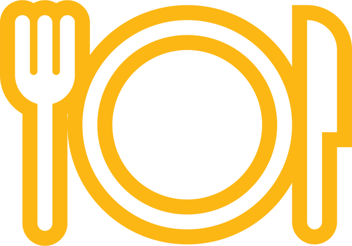 Icon of a fork, plate, and knife in gold color.