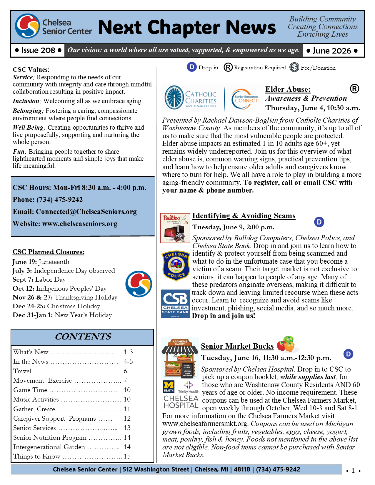 Newsletter titled 'Next Chapter News' from Chelsea Senior Center, June 2026 issue, with details about upcoming events, programs, and community resources, including elder abuse awareness, scam avoidance, senior market bucks, and scheduled closure dates.