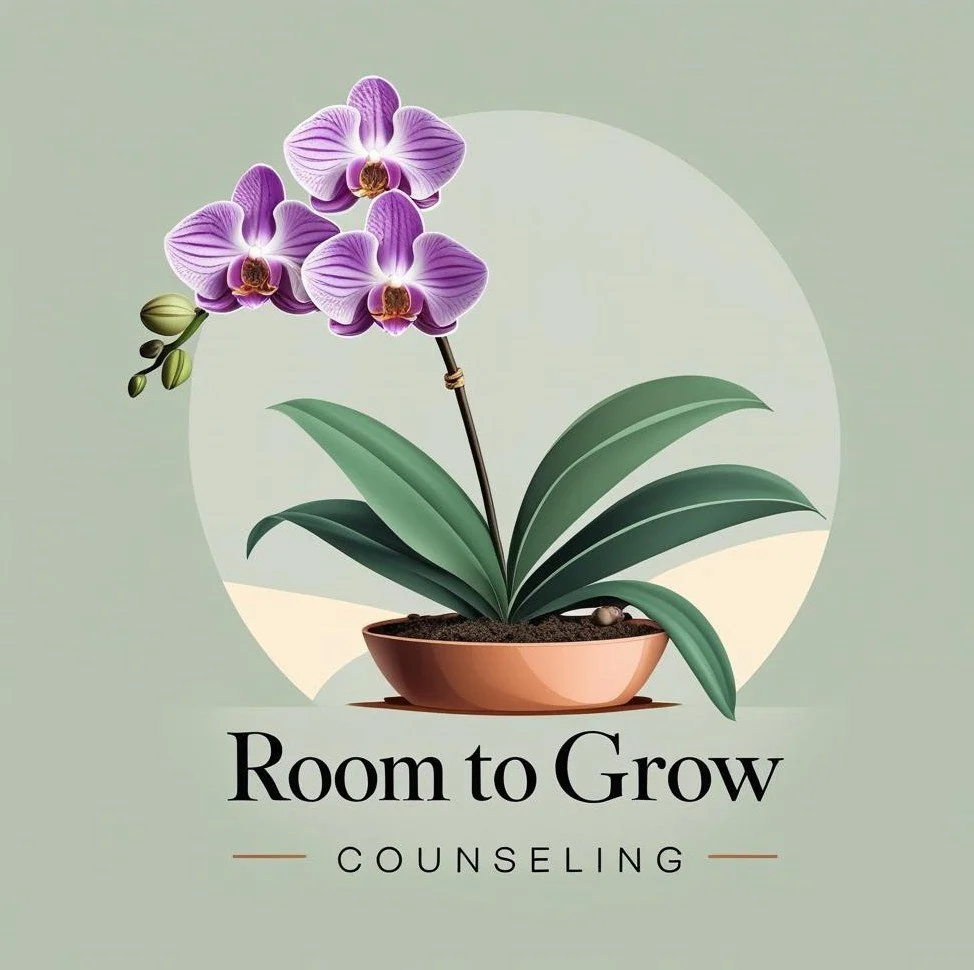 Illustration of a potted purple orchid plant with green leaves and buds against a light background with a circular design, featuring the text 'Room to Grow Counseling'.