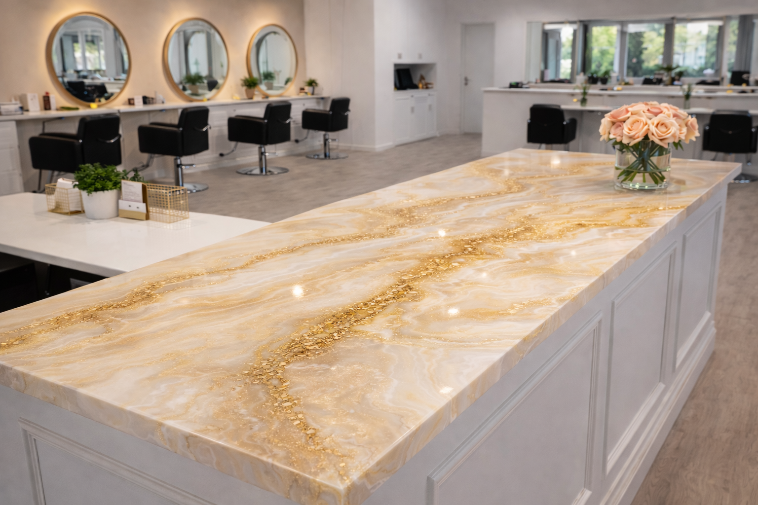 Interior of a modern salon or beauty studio with a large marble-topped counter in the foreground, decorated with pink roses in a glass vase. In the background, there are styling stations with black chairs, large circular mirrors, and large windows letting in natural light.