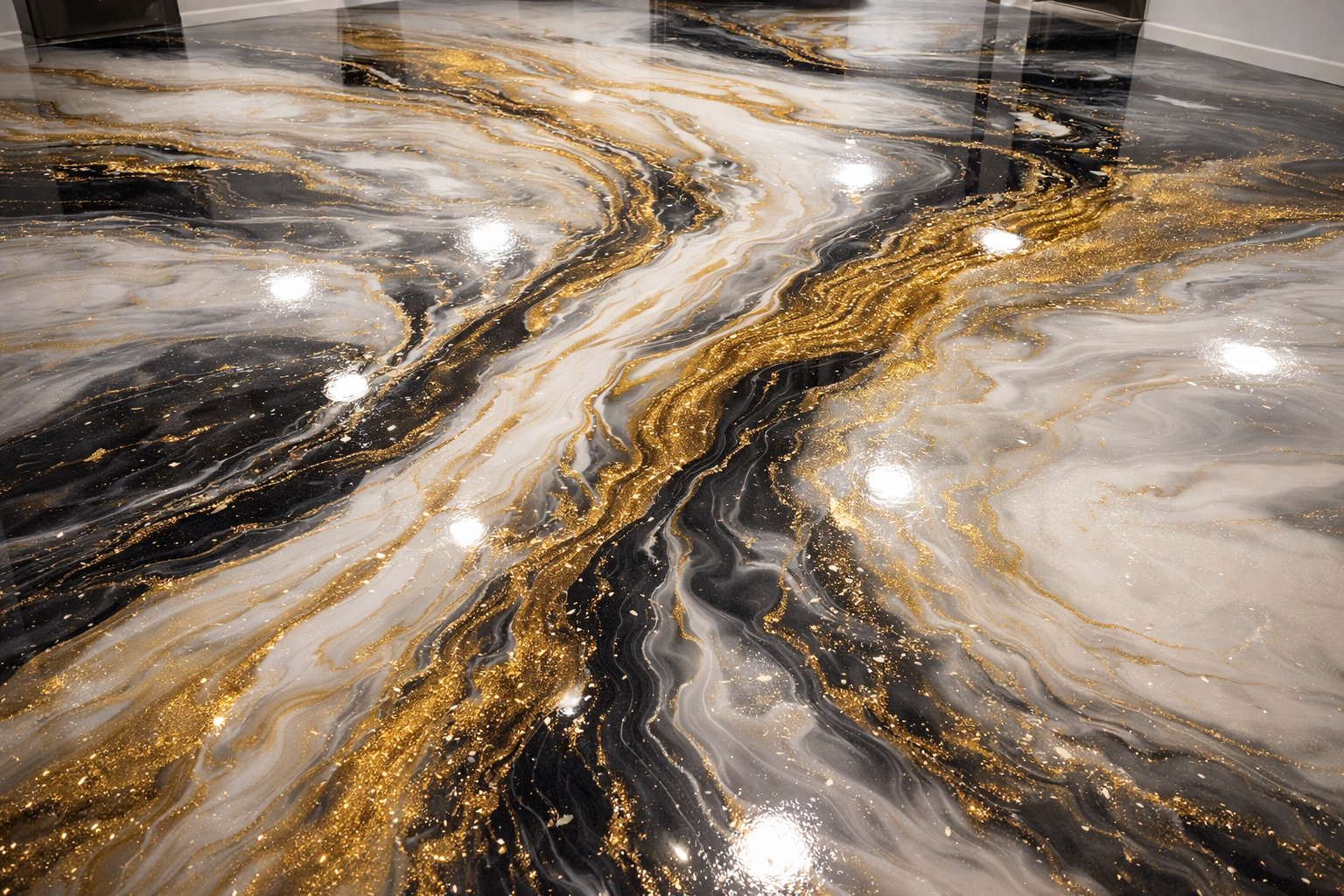 Close-up of a marble table with black, white, and gold swirling patterns and reflective surface.
