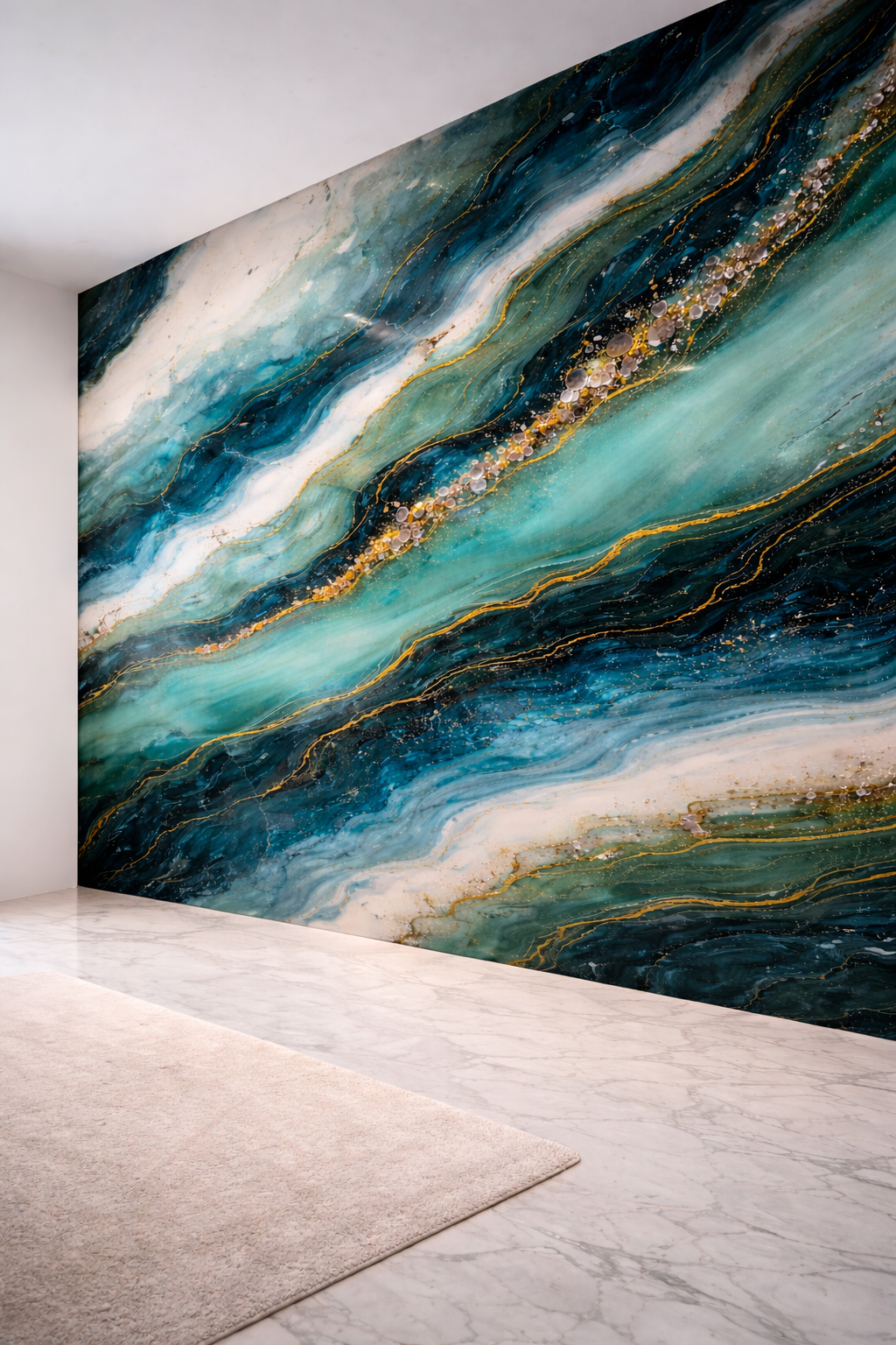 Close-up view of an abstract wall mural with swirling patterns in shades of blue, green, white, gold, and hints of pink, resembling a flowing river or marble design, in a modern interior space.