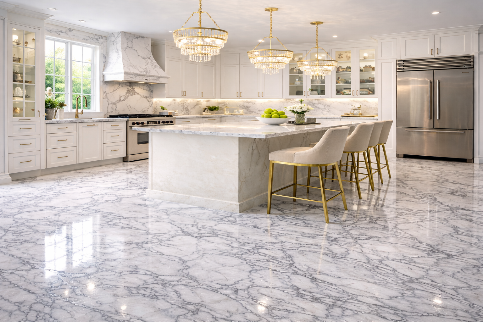 Bright white kitchen with marble countertops, backsplash, and flooring, featuring a large island with seating, stainless steel refrigerator, and elegant chandeliers.
