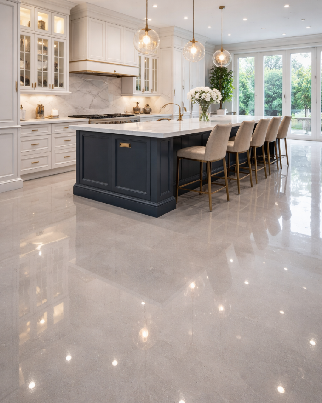 Modern kitchen with white cabinets, a central navy blue island with white marble top, beige chairs, and large glass doors showing greenery outside.