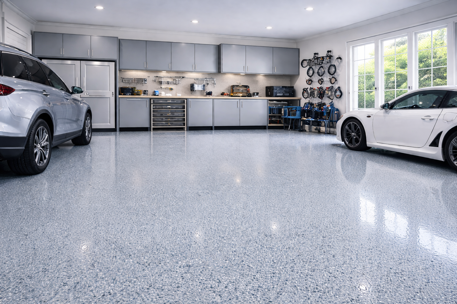 Clean and organized two-car garage with gray cabinets, tools and bicycles on the wall, two cars parked, and large windows letting in natural light.