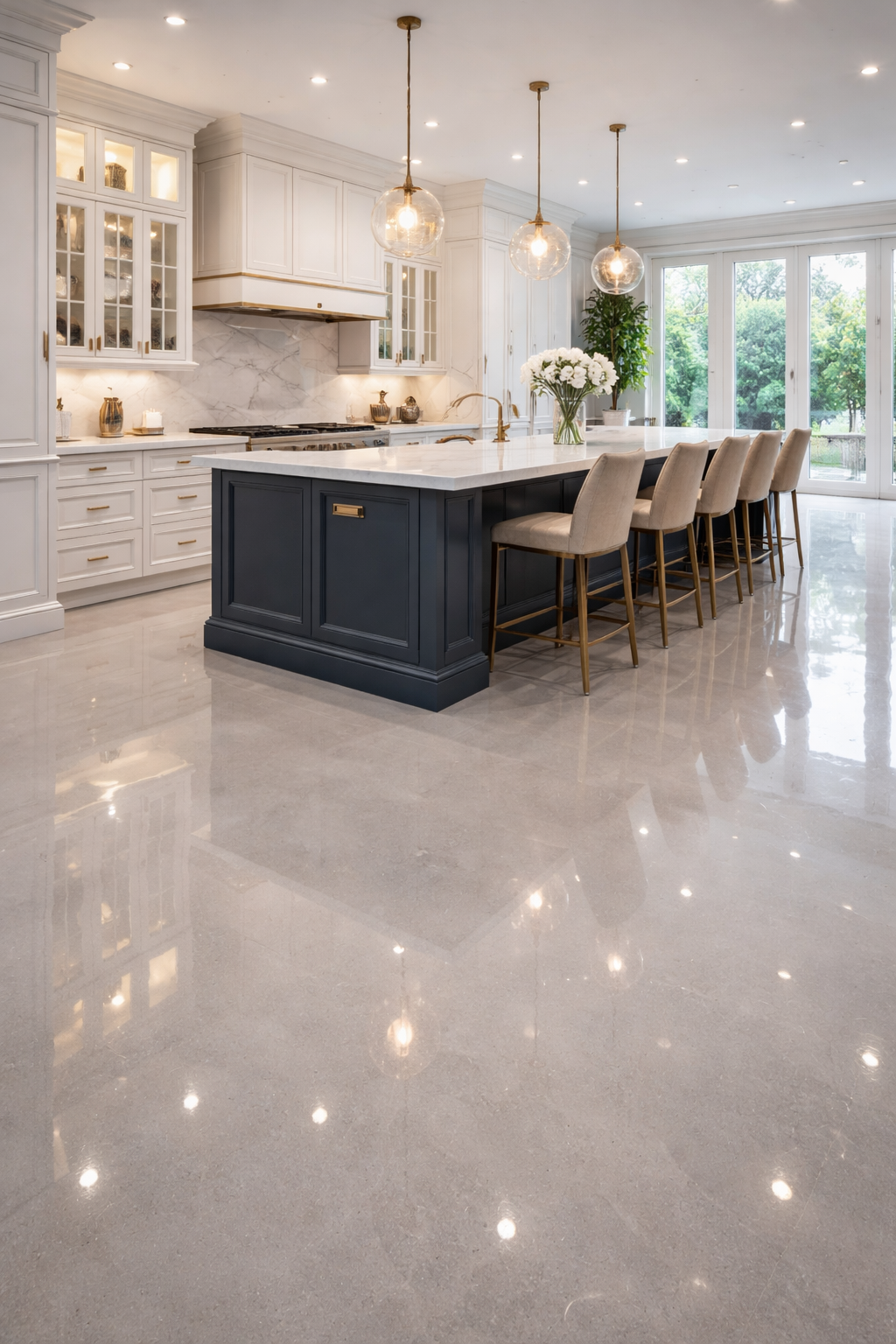 Modern kitchen with white cabinets, a dark blue island, marble backsplash, and large windows with green outdoor view, decorated with pendant lights and a vase of white flowers.