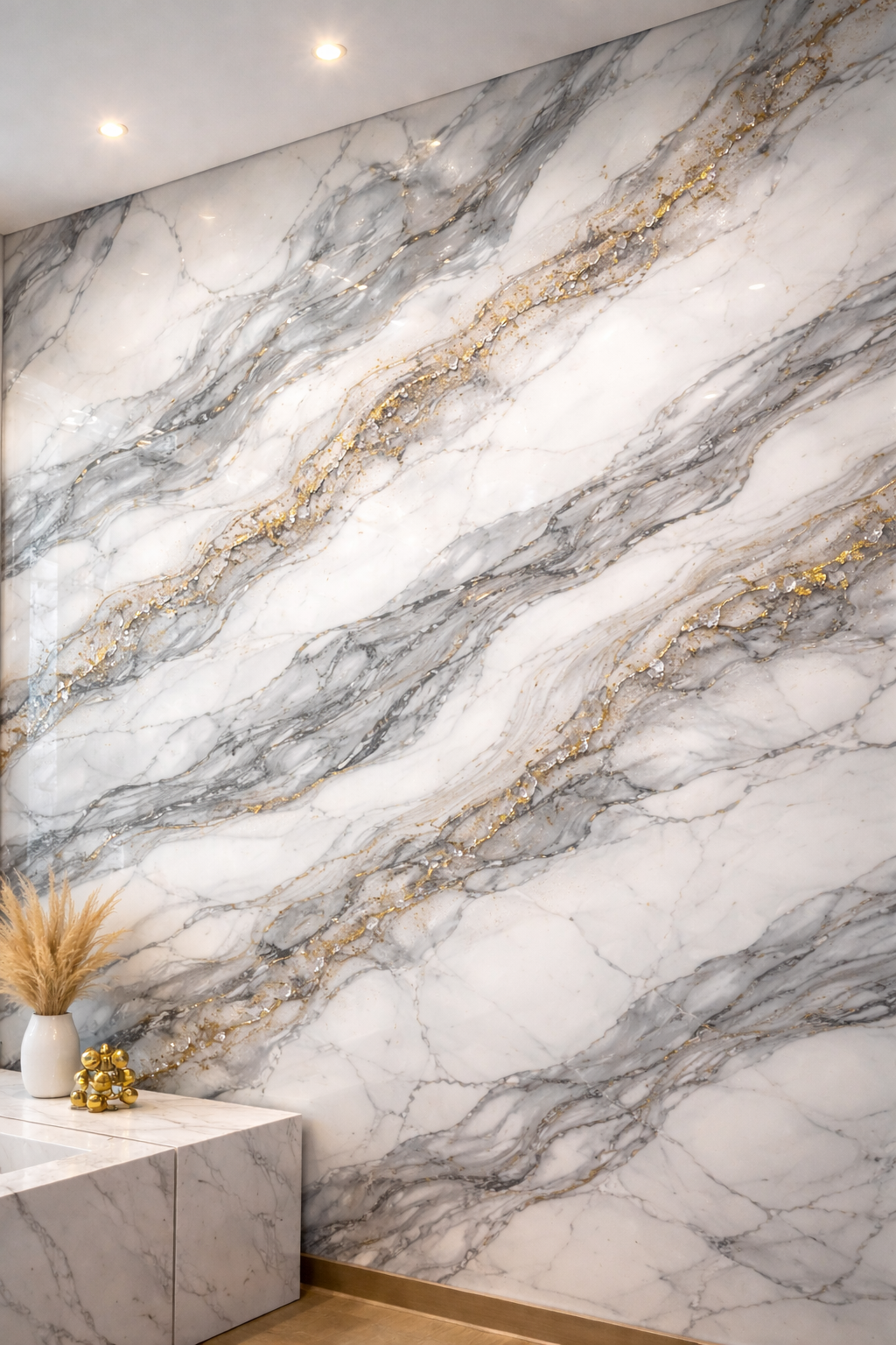 A large marble wall with white, gray, and gold veining. A white marble console with gold accents, topped with a white vase holding dried pampas grass and a small gold decorative sculpture.
