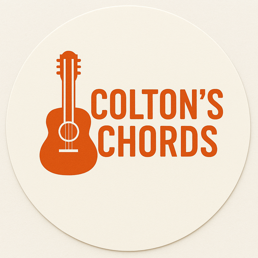 A circular logo featuring an orange silhouette of a guitar with the text 'Colton's Chords' in orange next to the guitar.