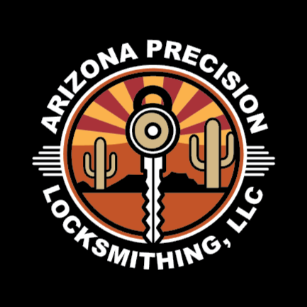 Arizona Precision Locksmith LLC logo with a stylized key and desert cacti against a sunset background.