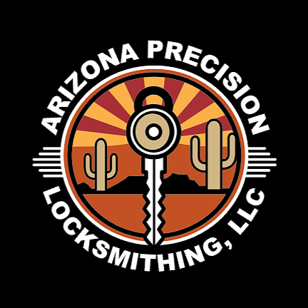 Logo for Arizona Precision Locksmith LLC featuring a key, cactus plants, and a western desert landscape.