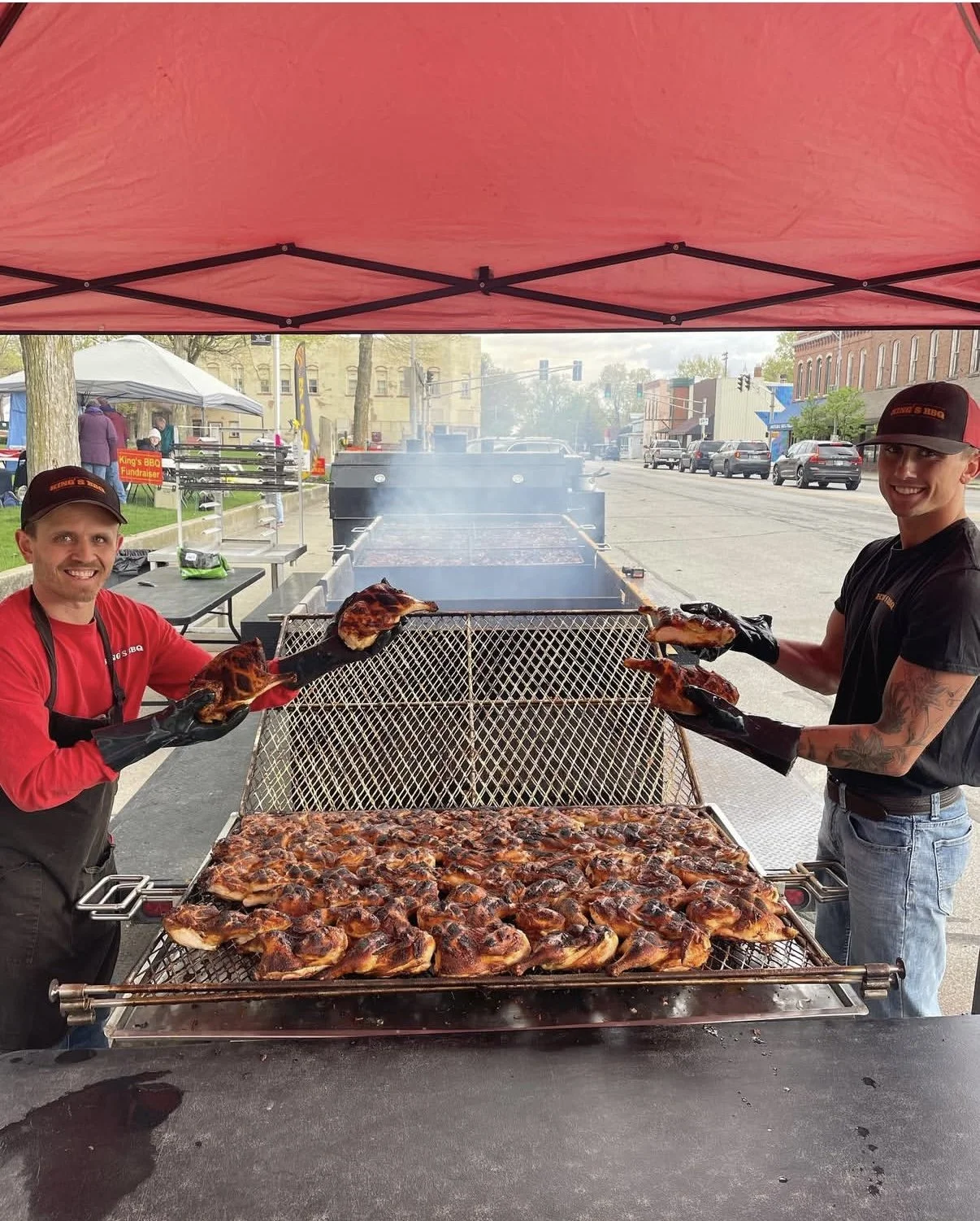Kings BBQ team preparing barbecue at catering event in Goshen, Indiana