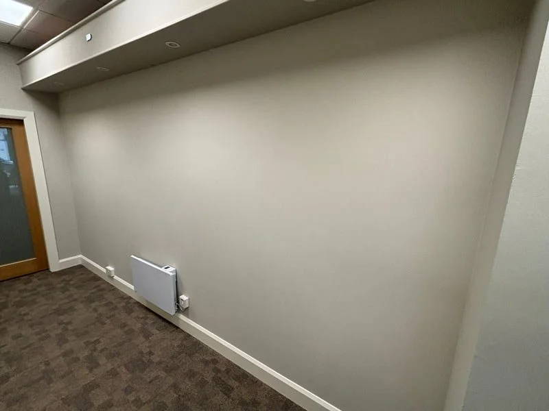 Empty beige wall in an interior room with a brown carpeted floor, a door with a glass window, and a small white radiator.