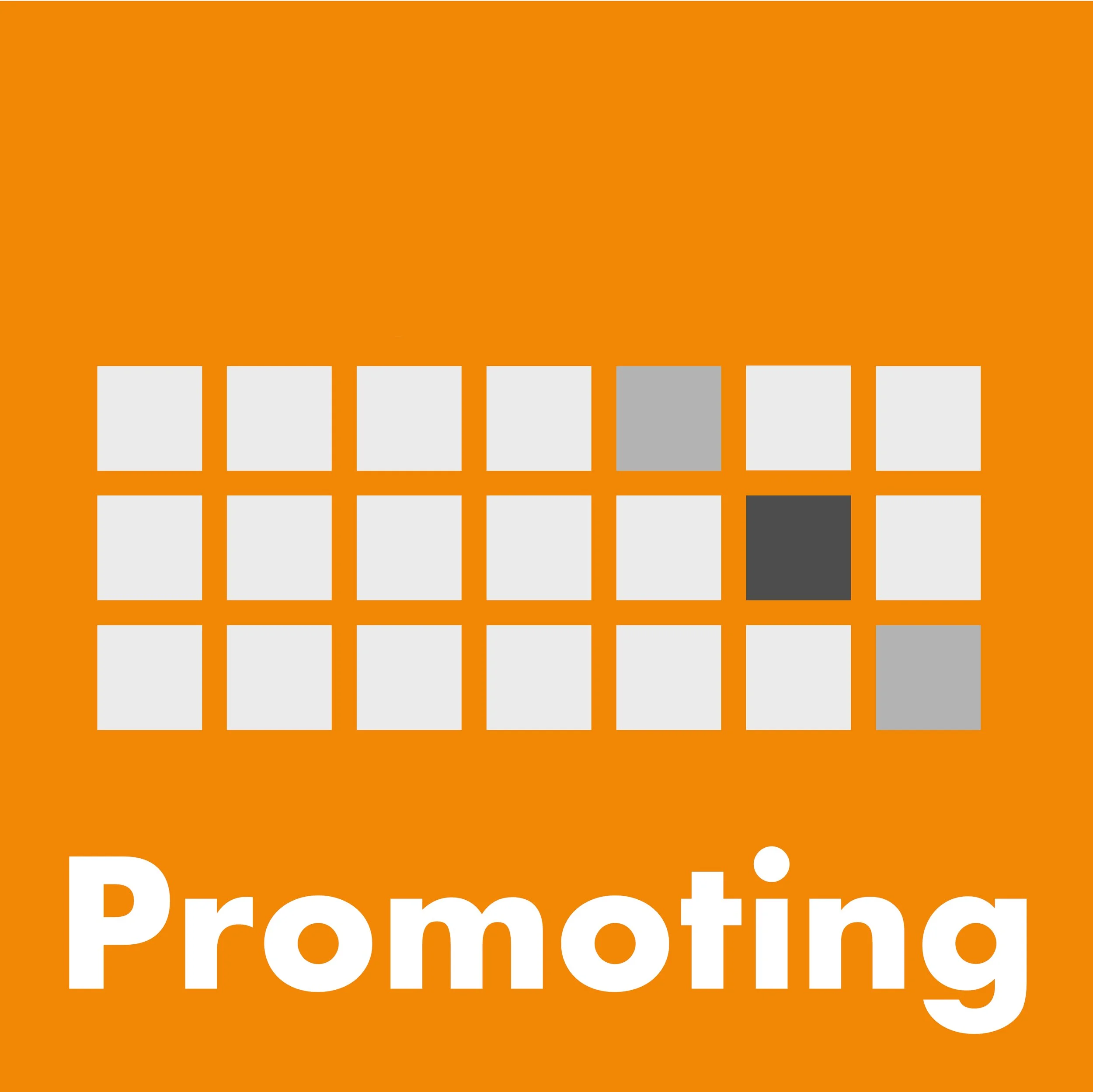 A graphic with orange background featuring a grid of white and gray squares. The word 'Promoting' is written in white text at the bottom.