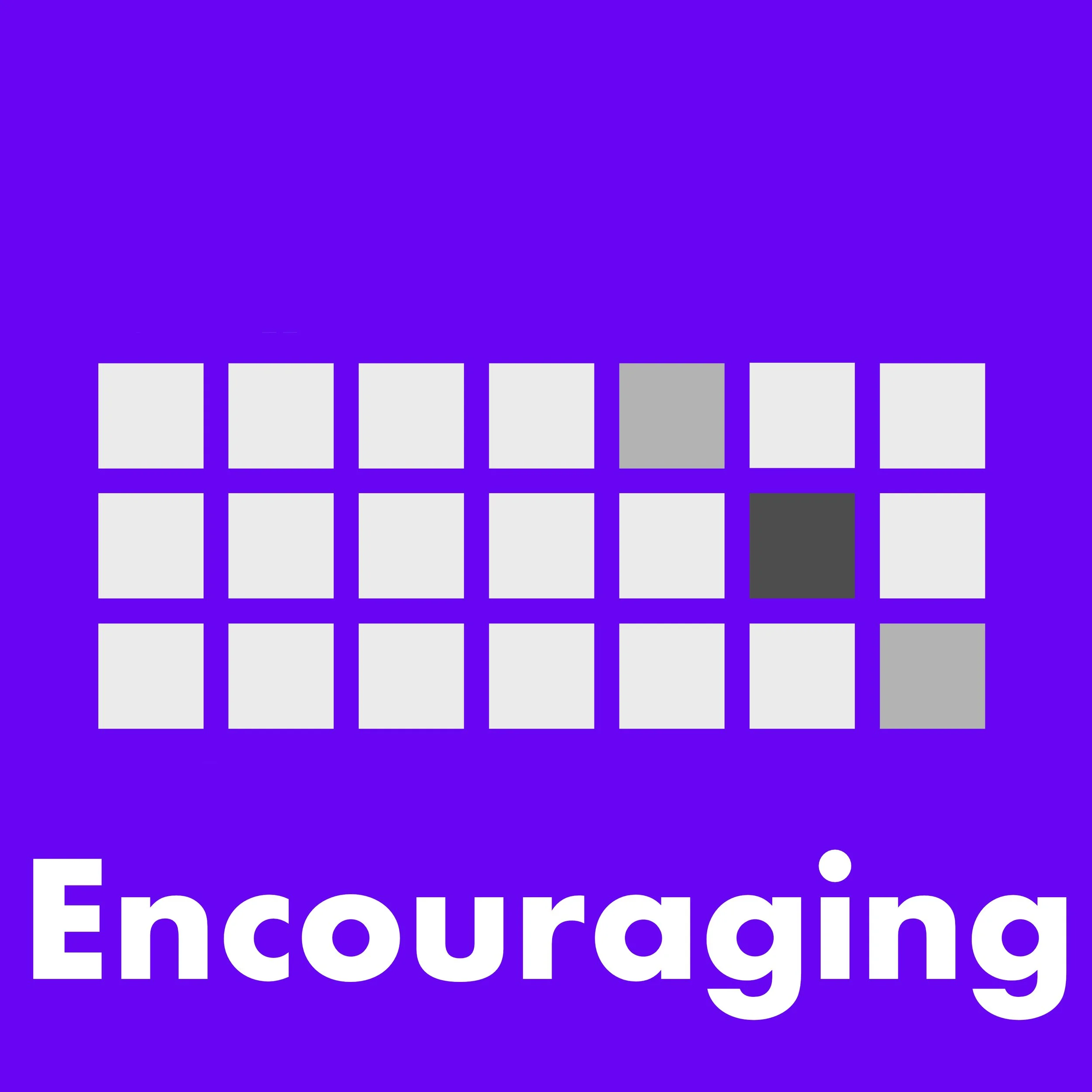 A colorful grid with white, gray, and black squares on a purple background, with the word 'Encouraging' written below.