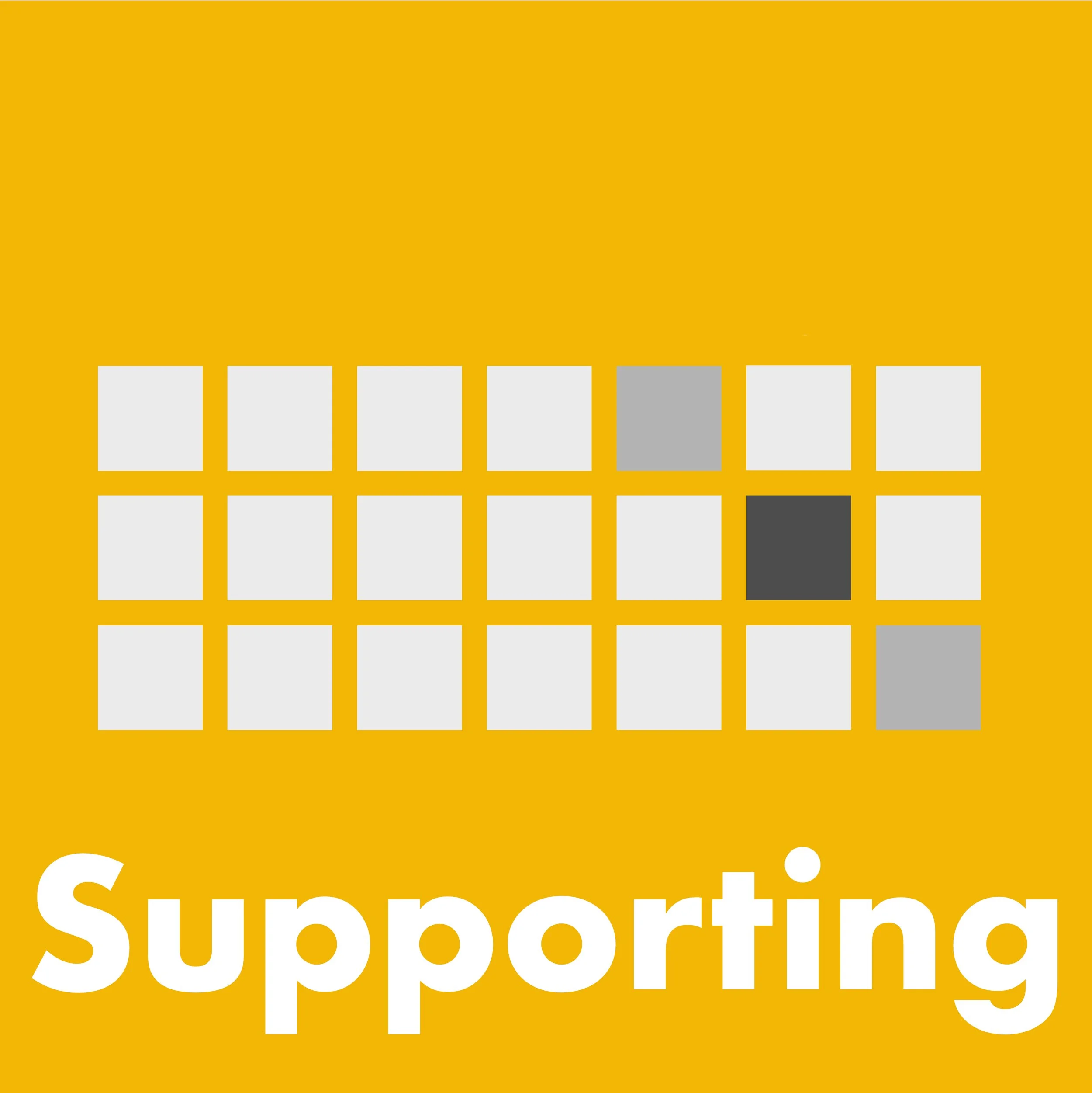 Yellow background with a grid of 20 squares, some gray and black, and the word 'Supporting' in white at the bottom.