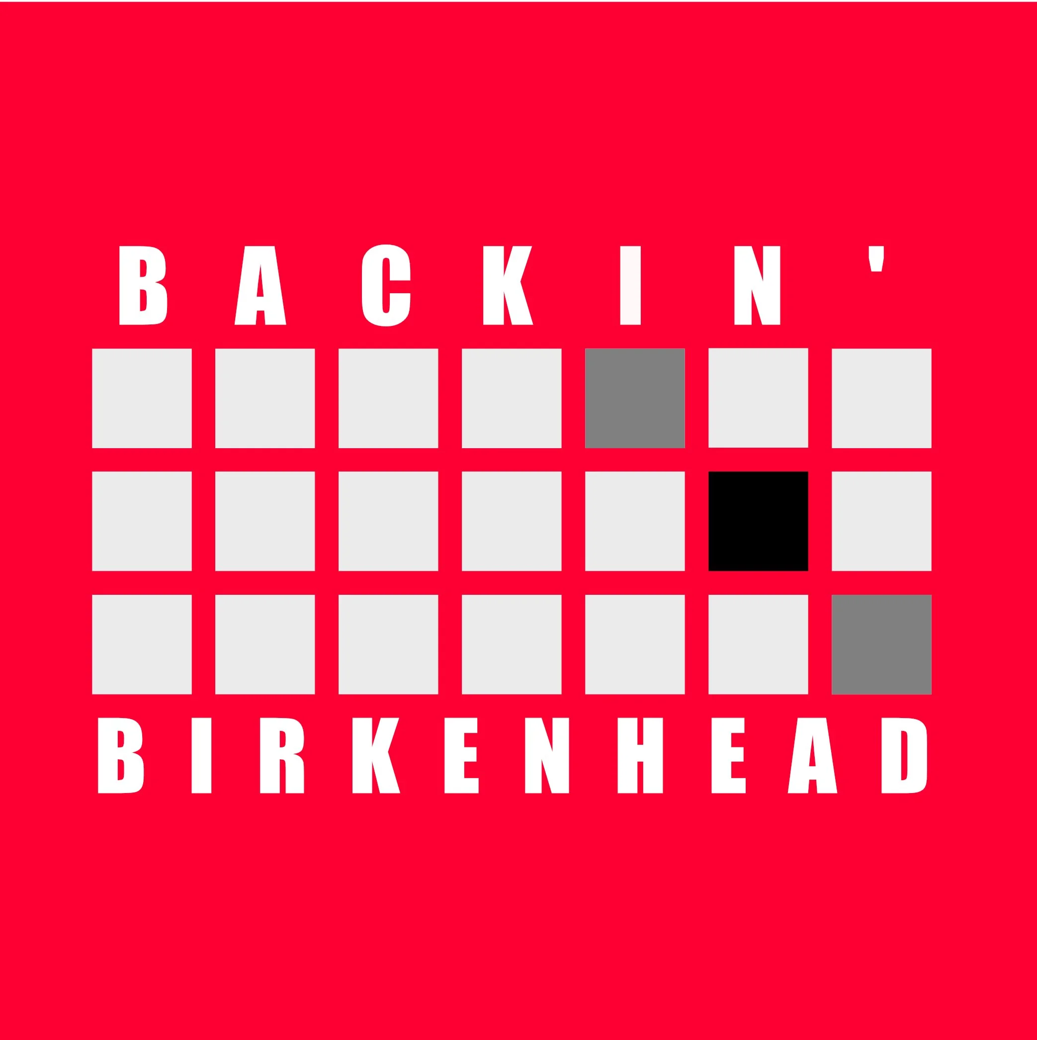 A red background with a crossword puzzle spelling 'BACKIN' and 'BIRKENHEAD' using white, gray, and black squares, with some filled-in letters.
