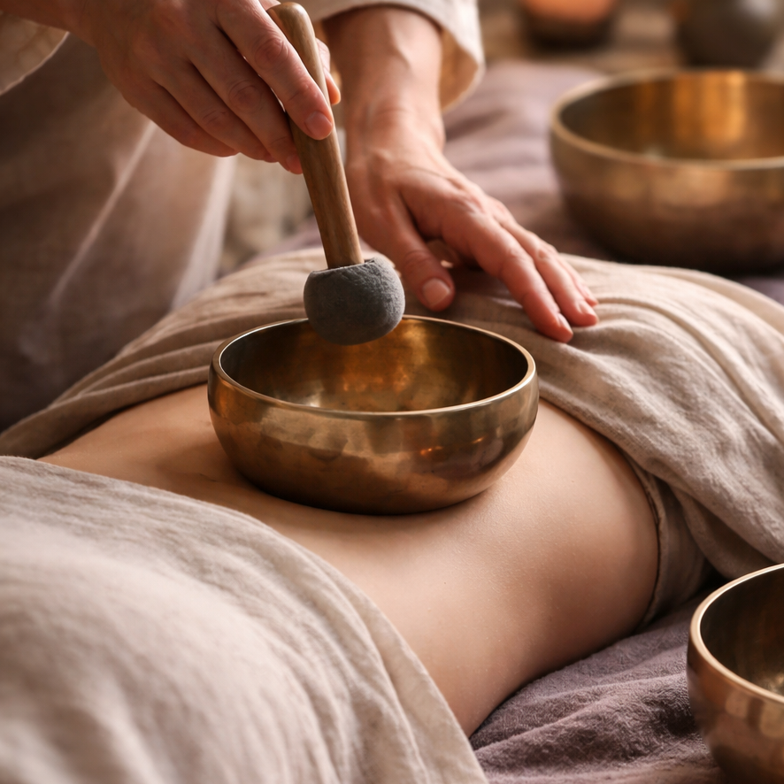 A person receives an emotional sound healing or sound therapy session using brass singing bowls during a massage or alternative wellness treatment.
