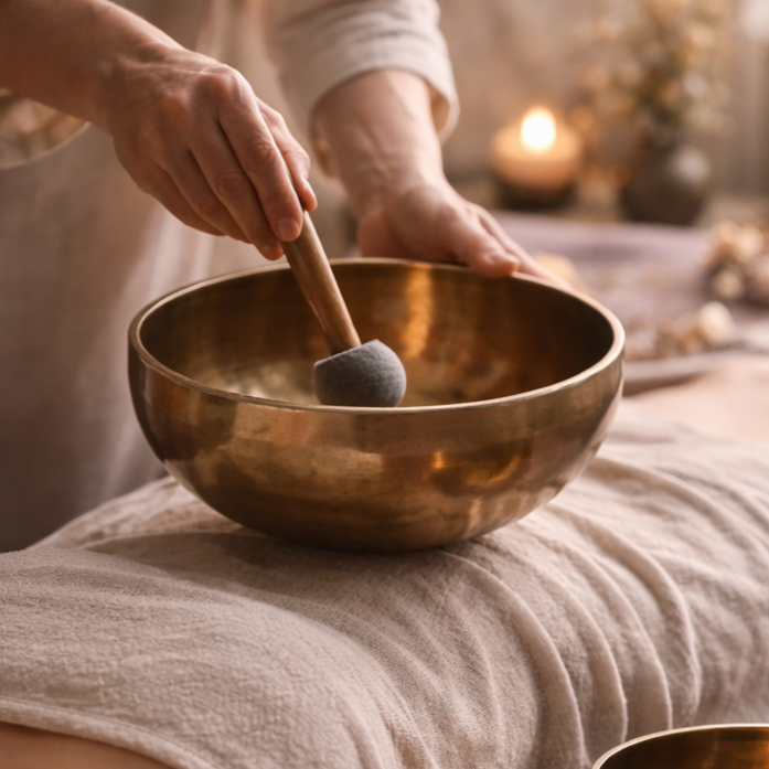 A person holding a wooden mallet and striking a meditation singing bowl placed on a cushioned surface.