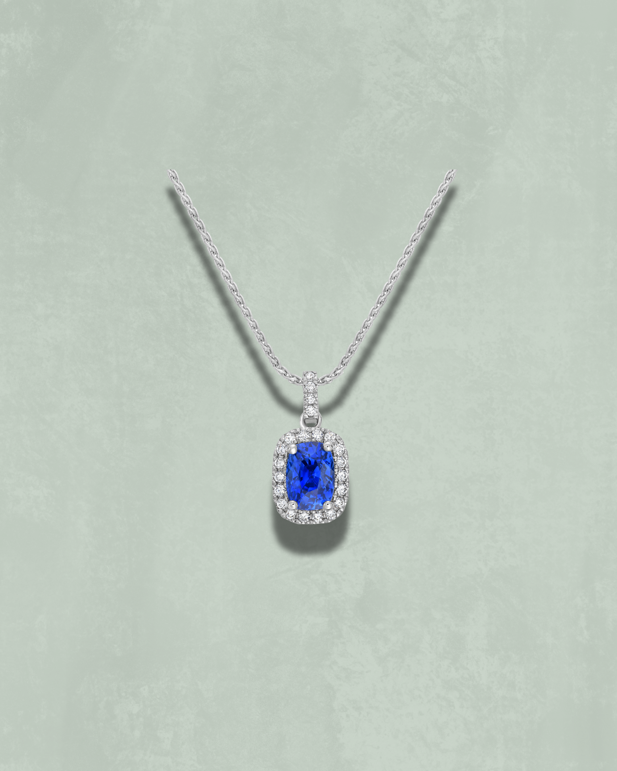 Blue Sapphire Cushion Halo Pendant